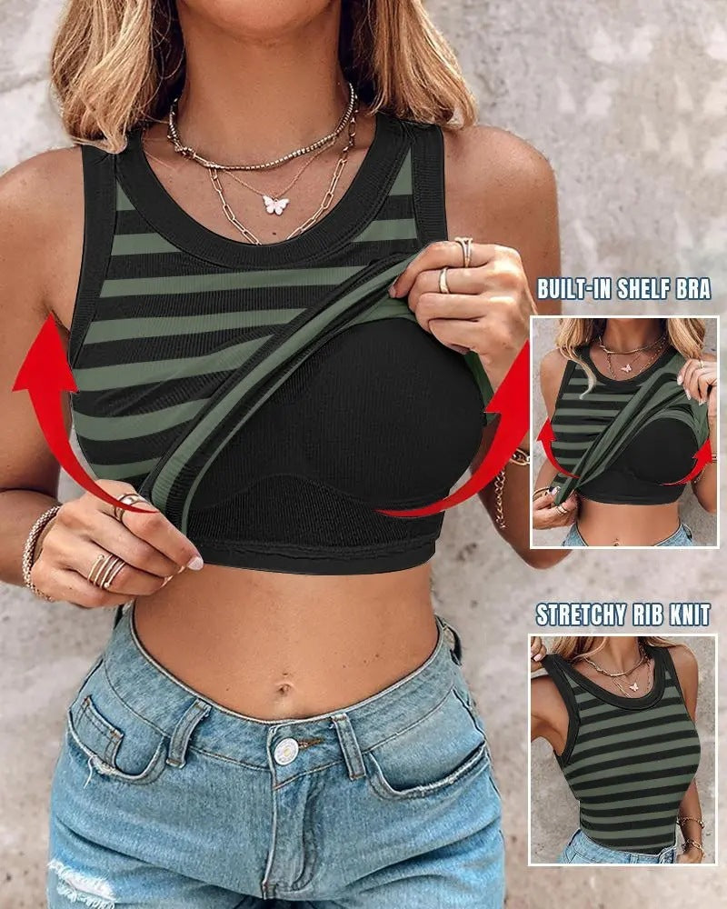 Slim Striped Vest With Bralette Ins Fashion Round Neck Sleeveless Tank Tops For Women Clothing