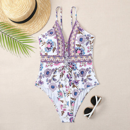 Deep V Tie One Piece Swimsuit Cashew Flower Print Triangle