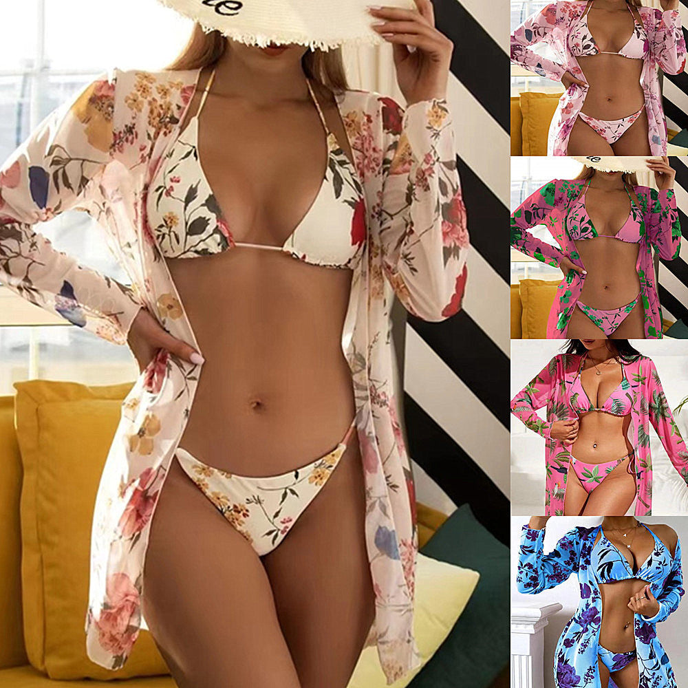 New Swimsuit Women's Printed Mesh Three-piece Blouse