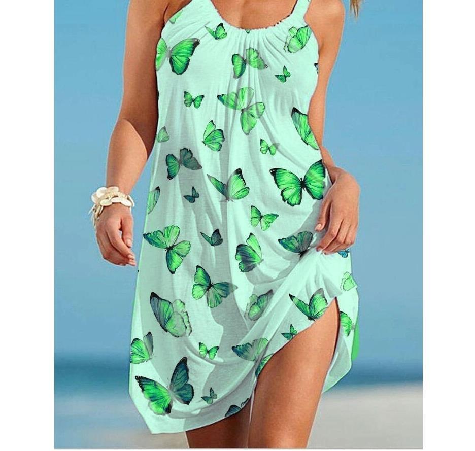 Printed Round Neck Dress Suspender Beach Skirt