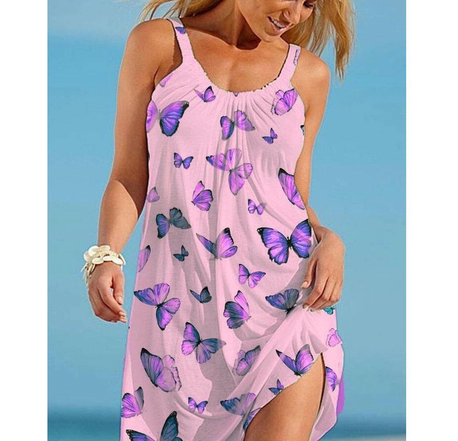 Printed Round Neck Dress Suspender Beach Skirt