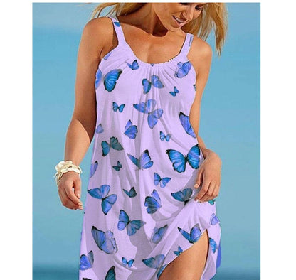 Printed Round Neck Dress Suspender Beach Skirt