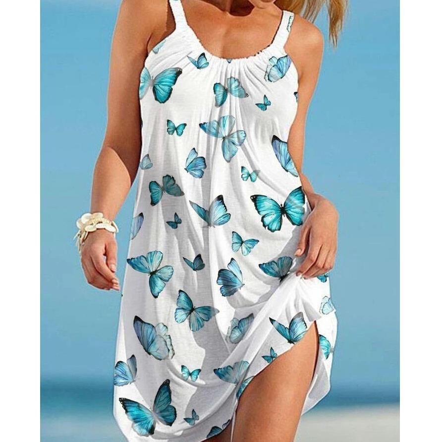 Printed Round Neck Dress Suspender Beach Skirt