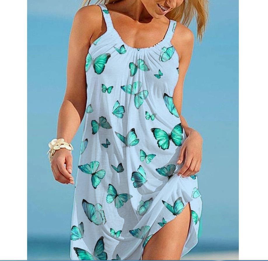 Printed Round Neck Dress Suspender Beach Skirt