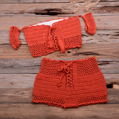 Beach bikini suit women's knitted swimwear crochet bohemian bra