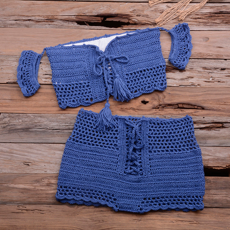 Beach bikini suit women's knitted swimwear crochet bohemian bra