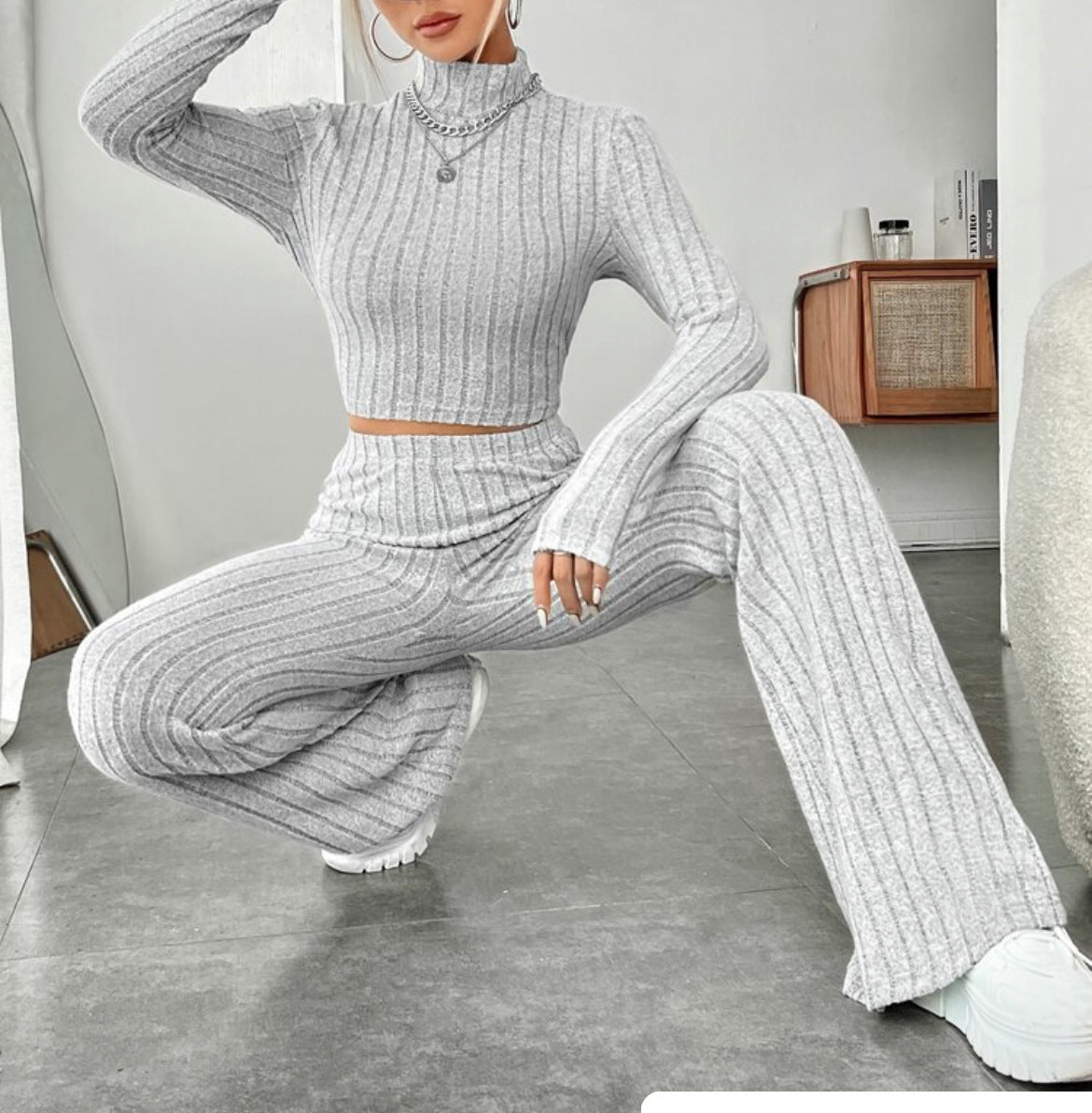 Long Sleeve Turtlenecks Wide Leg High Waist Trousers Suit