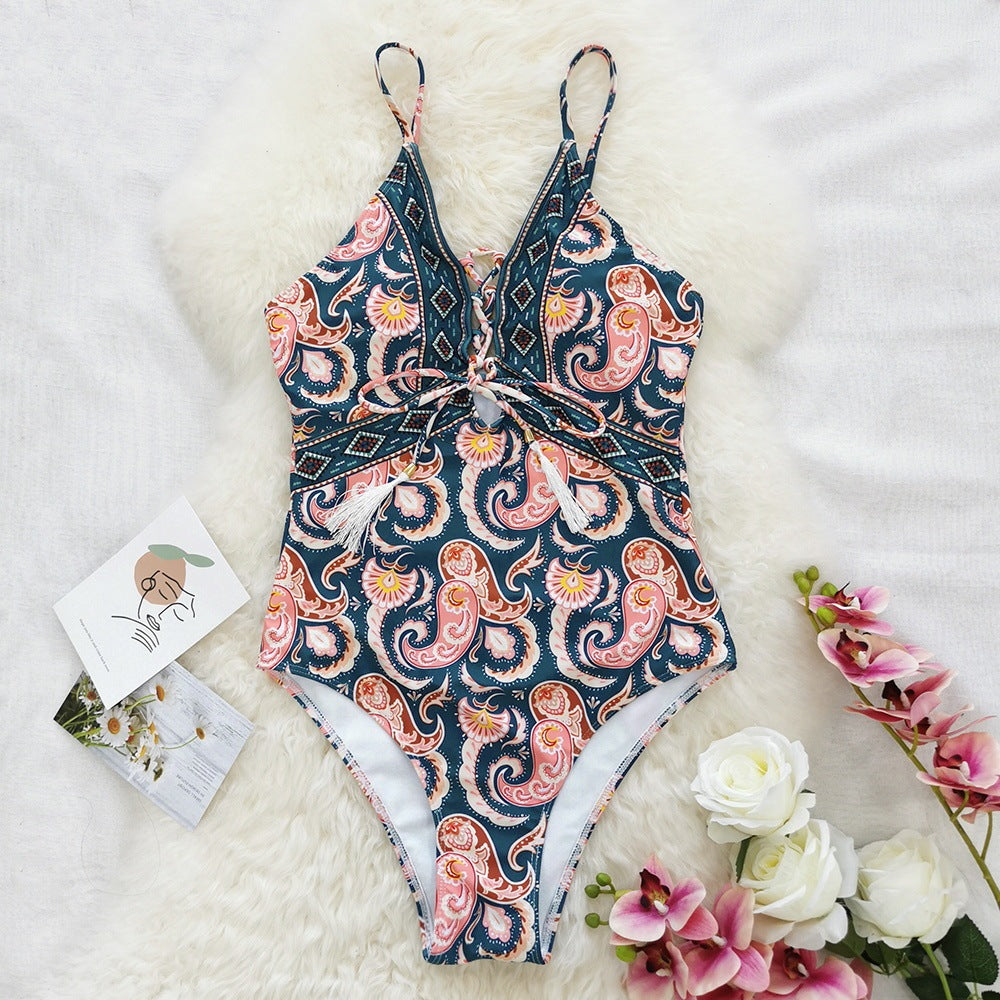 Deep V Tie One Piece Swimsuit Cashew Flower Print Triangle