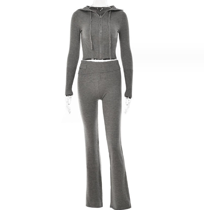 Hoodie Suit Women Leisure Sexy Zip Long Sleeve Sweater And High Waist Long Pants Set