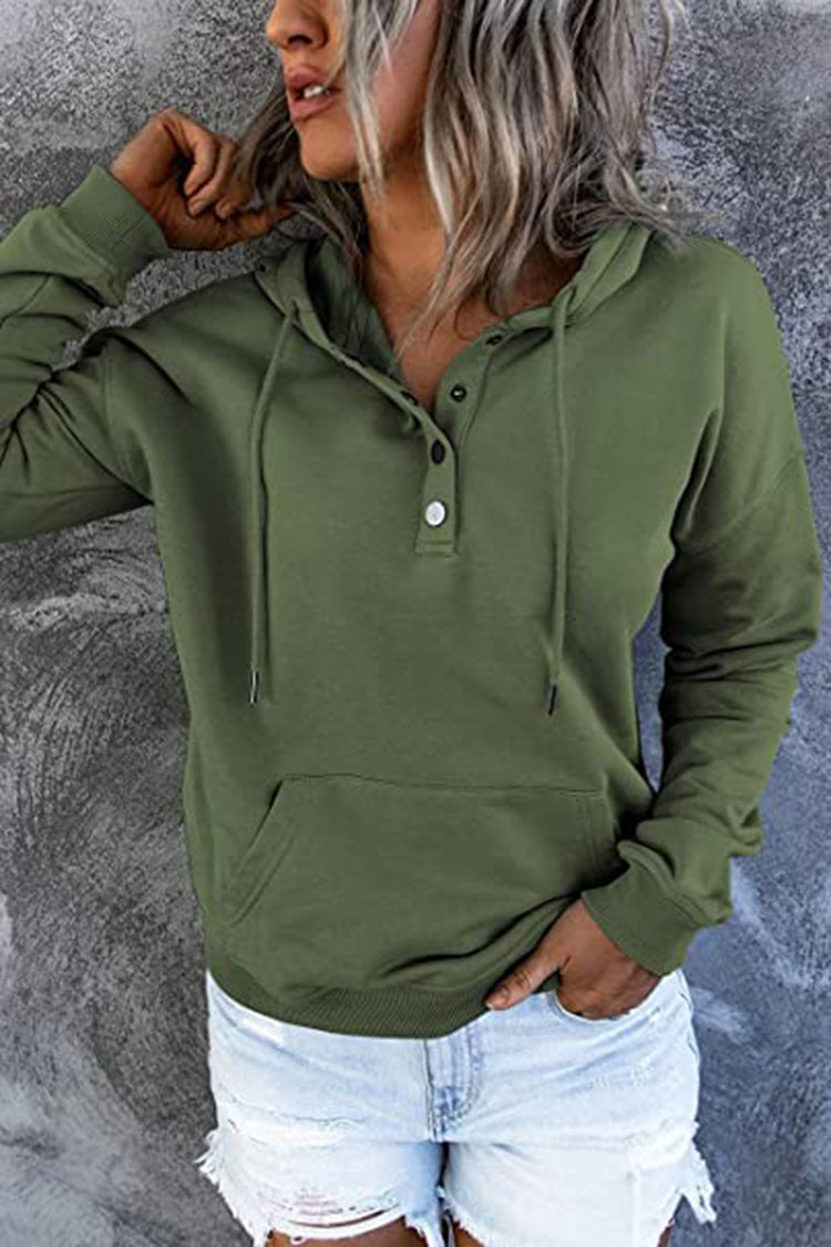 Long-sleeved Hooded Sweatshirt With Pockets Fashion Casual Button Drawstring Design Hoodie Top Spring And Autumn Sports Clothing For Women