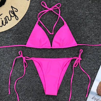 Split solid color sexy bandage bikini