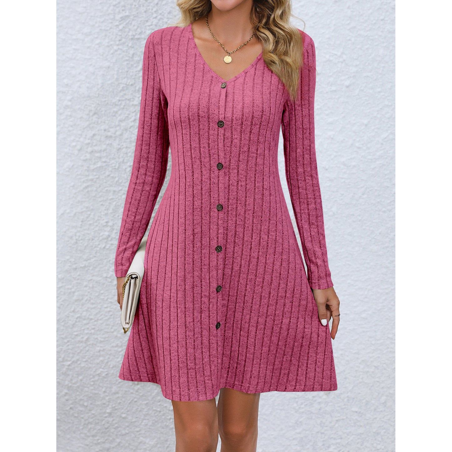 Fashion V-neck Long Sleeves Dress With Button Waist-controlled Design Slim Dresses Womens Clothing