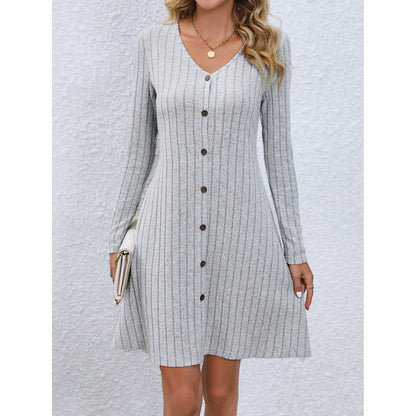 Fashion V-neck Long Sleeves Dress With Button Waist-controlled Design Slim Dresses Womens Clothing