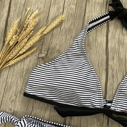 Striped Swimsuit Bow Tie Polka Dot Split Swimsuit Women