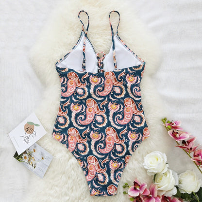 Deep V Tie One Piece Swimsuit Cashew Flower Print Triangle