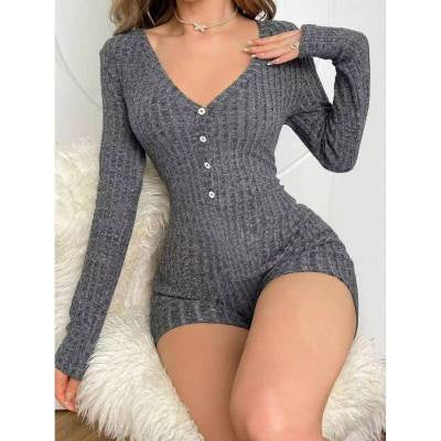 Casual Slim Women Rib Knitted Jumpsuit Long Sleeve