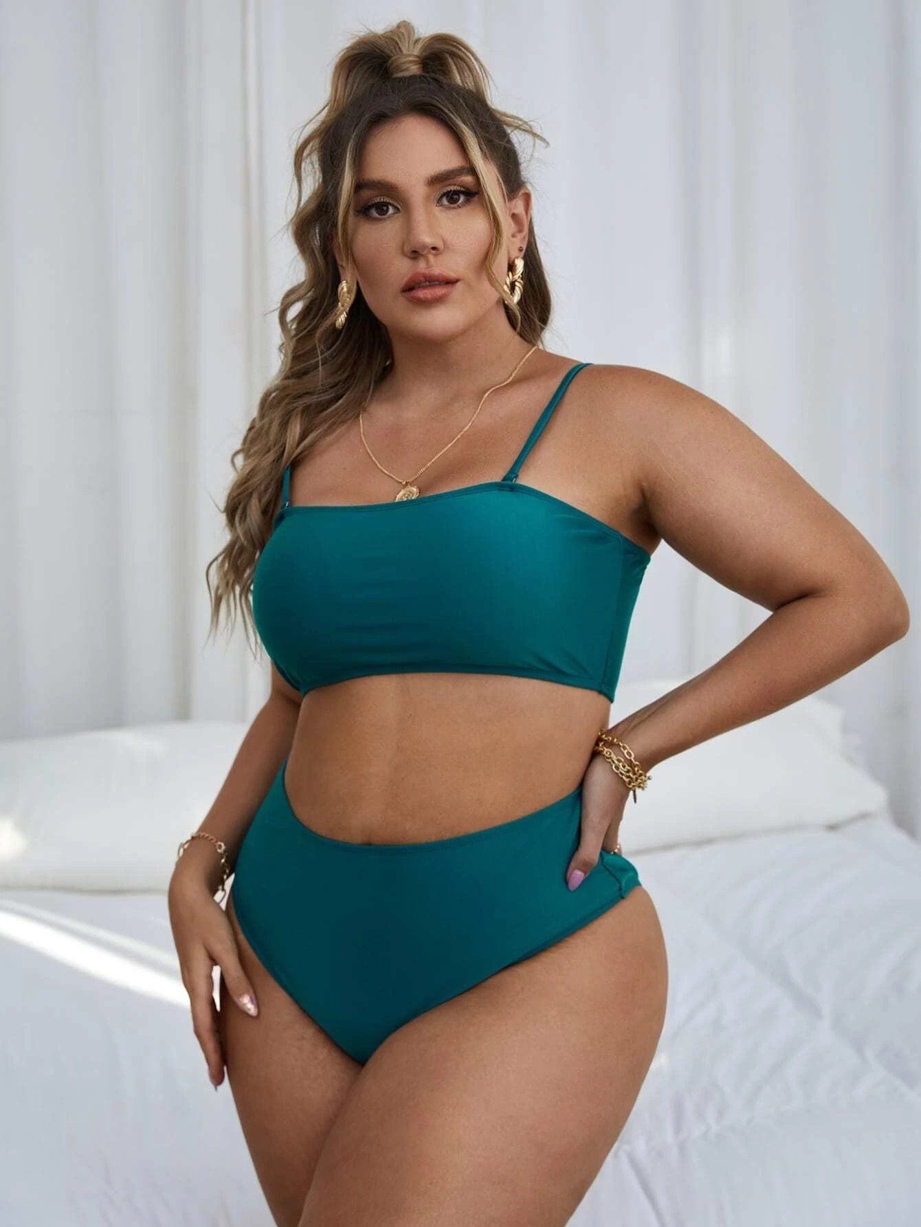 Pure Color Mesh Bikini Three-piece Set For Women