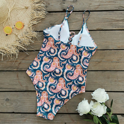 Deep V Tie One Piece Swimsuit Cashew Flower Print Triangle