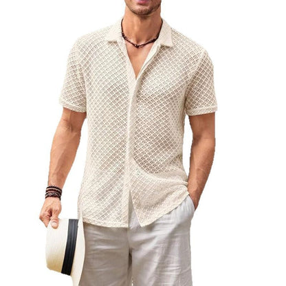 Fashion Solid Color Polo Collar Short Sleeve Mesh Shirt Men's Tops