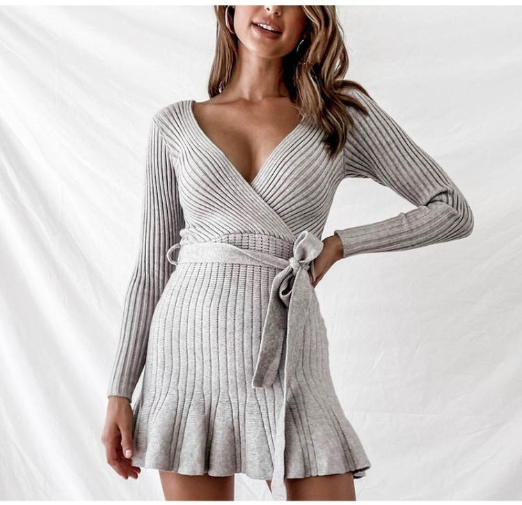 Sexy V Neck Knitted Dresses Women Long Sleeve