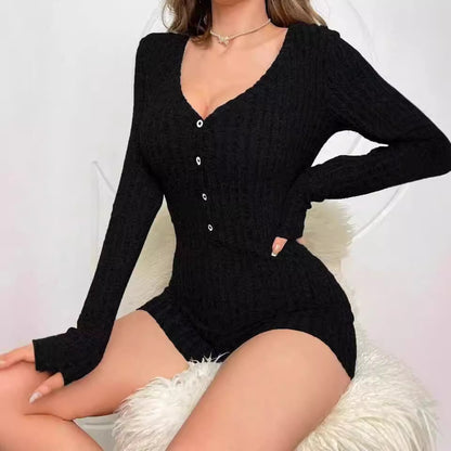 Casual Slim Women Rib Knitted Jumpsuit Long Sleeve