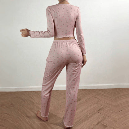 Home Wear Casual Printed Trousers Long Sleeve European And American Suitable For Daily Wear Two-piece Set