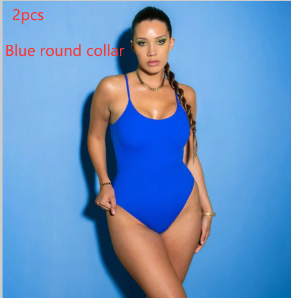 Summer Bikini Backless String Large Size Sexy Solid Color Triangle One-piece Swimsuit Womens Clothing 2pcs