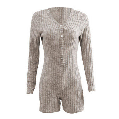 Casual Slim Women Rib Knitted Jumpsuit Long Sleeve