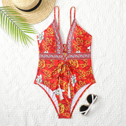 Deep V Tie One Piece Swimsuit Cashew Flower Print Triangle