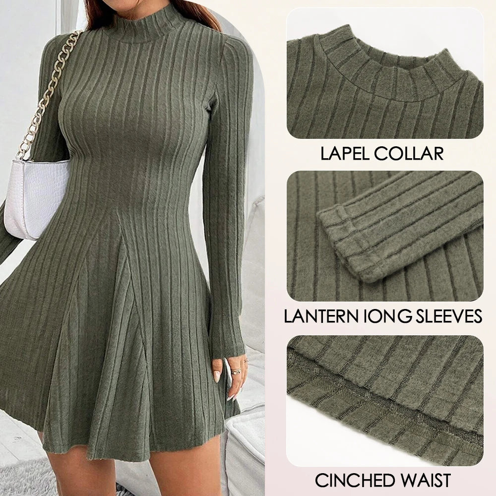 Women's Dresses Fall Winter Simple Solid Color Long Sleeve Mock Neck A Line High Waisted Flare Hem Casual Short Dresses