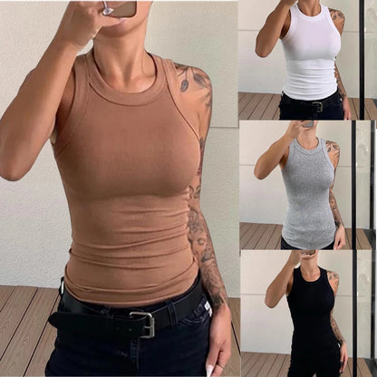 Women Solid O Neck Ribbed Tank Top Summer Basic Elastic Tank Shirts Camisole Chic Fashion Sleeveless Undershirt Pullover Tops