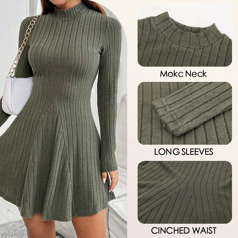 Women's Dresses Fall Winter Simple Solid Color Long Sleeve Mock Neck A Line High Waisted Flare Hem Casual Short Dresses