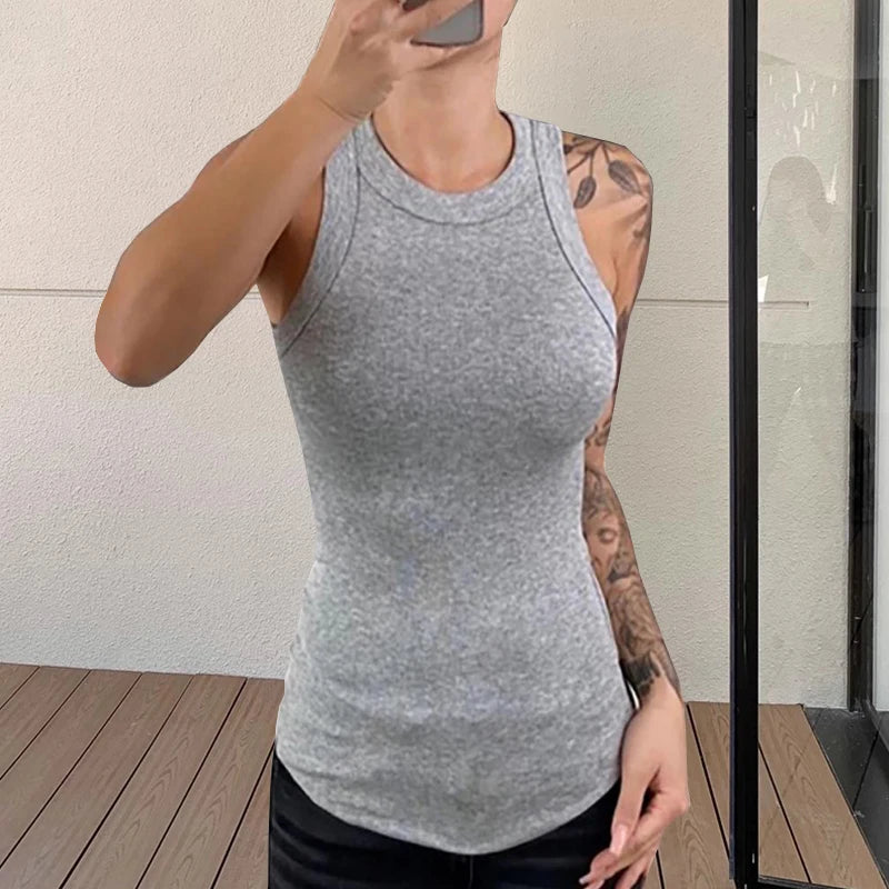 Women Solid O Neck Ribbed Tank Top Summer Basic Elastic Tank Shirts Camisole Chic Fashion Sleeveless Undershirt Pullover Tops