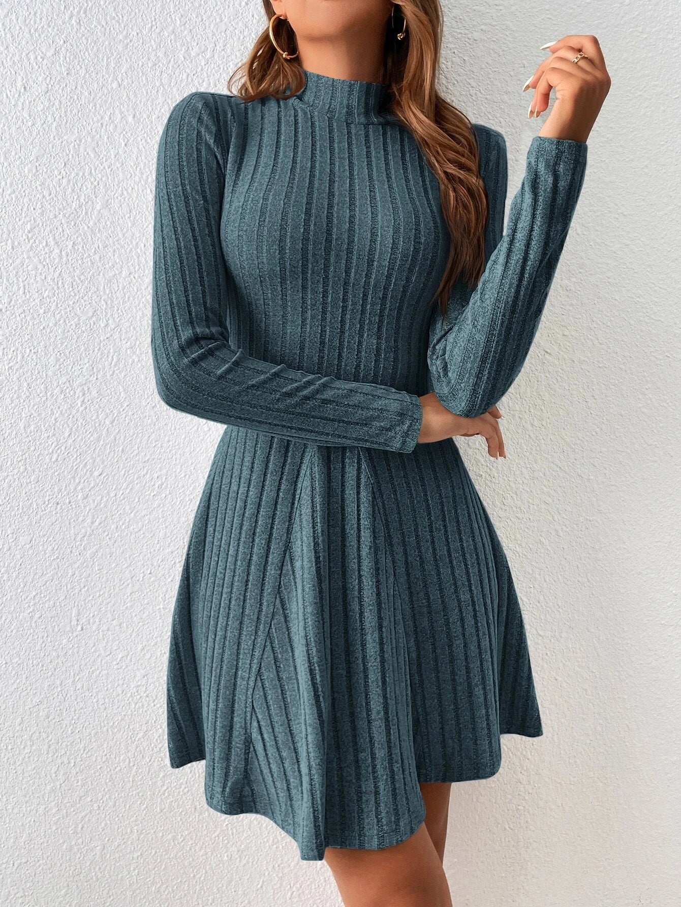 Women's Dresses Fall Winter Simple Solid Color Long Sleeve Mock Neck A Line High Waisted Flare Hem Casual Short Dresses