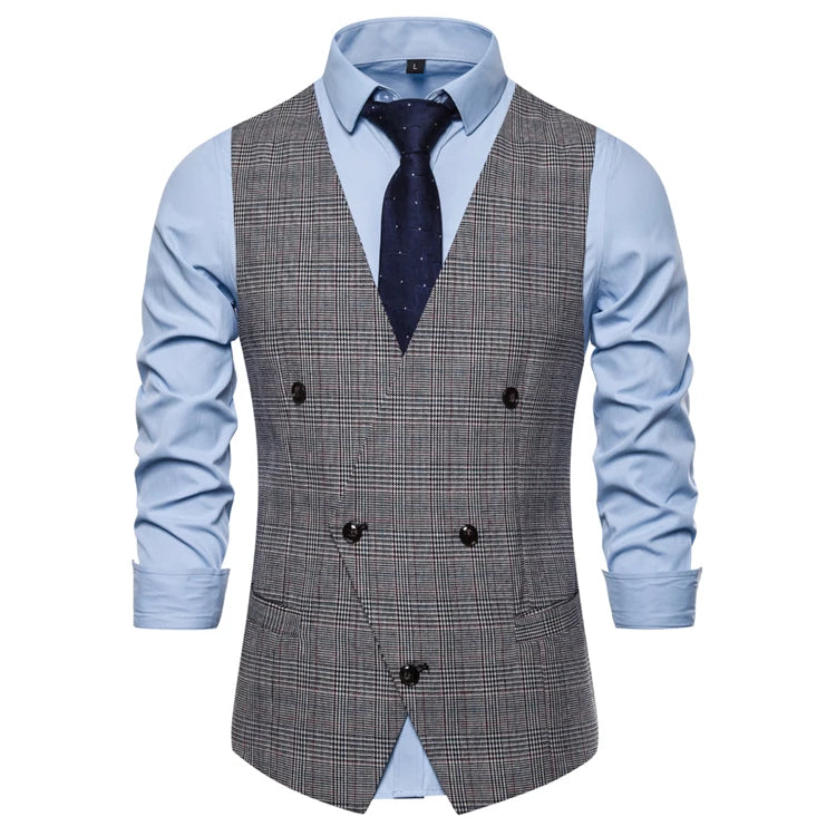 Plaid Waist Coat For Men Fashions Formal Double-breasted Business Wedding Prom  Coletes Masculino Mens Vest Fashion Suit