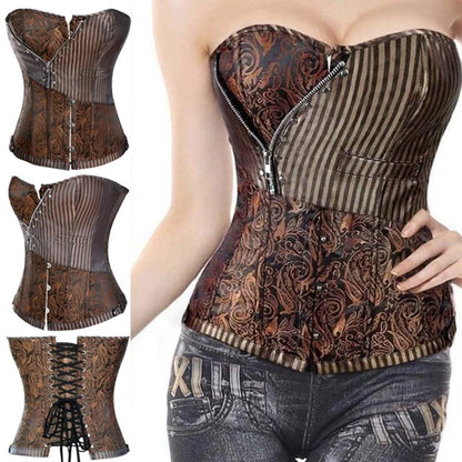 Sexy Corsets and bustiers Steampunk Corset Top Waist Tummy Gothic Clothing Corselet Brocade Zip Patchwork S-2XL