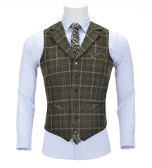 Men's Business Plaid Wool Army Green Vest Slim Fit Single-breasted Cotton Suit Vest Waistcoat For Wedding Formal Vest Groomsmen