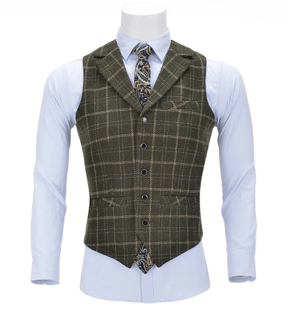 Men's Business Plaid Wool Army Green Vest Slim Fit Single-breasted Cotton Suit Vest Waistcoat For Wedding Formal Vest Groomsmen