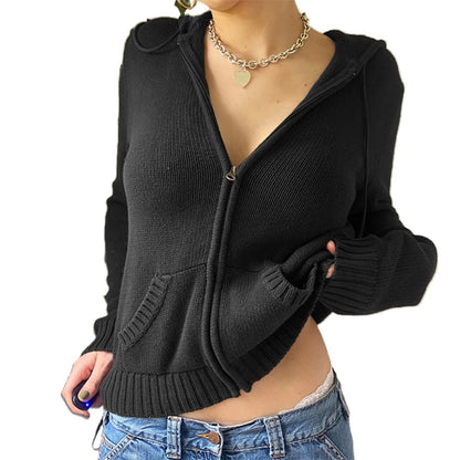 Women Autumn Hoodies Sweater Knit Long Sleeve Crop Top Solid Color Full Zipper