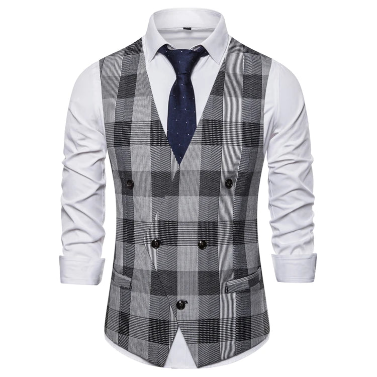 Plaid Waist Coat For Men Fashions Formal Double-breasted Business Wedding Prom  Coletes Masculino Mens Vest Fashion Suit