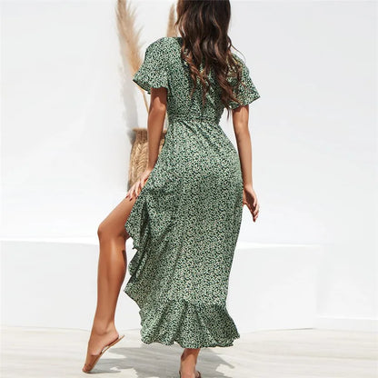 Summer Beach Maxi Dress Women Floral Print Boho Long Chiffon Dress Ruffles Wrap Casual V-Neck Split Sexy Party Dress Robe