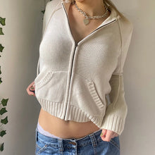 Women Autumn Hoodies Sweater Knit Long Sleeve Crop Top Solid Color Full Zipper