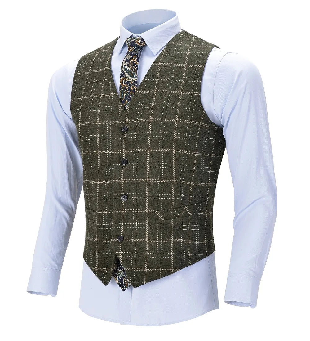 Men's Business Plaid Wool Army Green Vest Slim Fit Single-breasted Cotton Suit Vest Waistcoat For Wedding Formal Vest Groomsmen