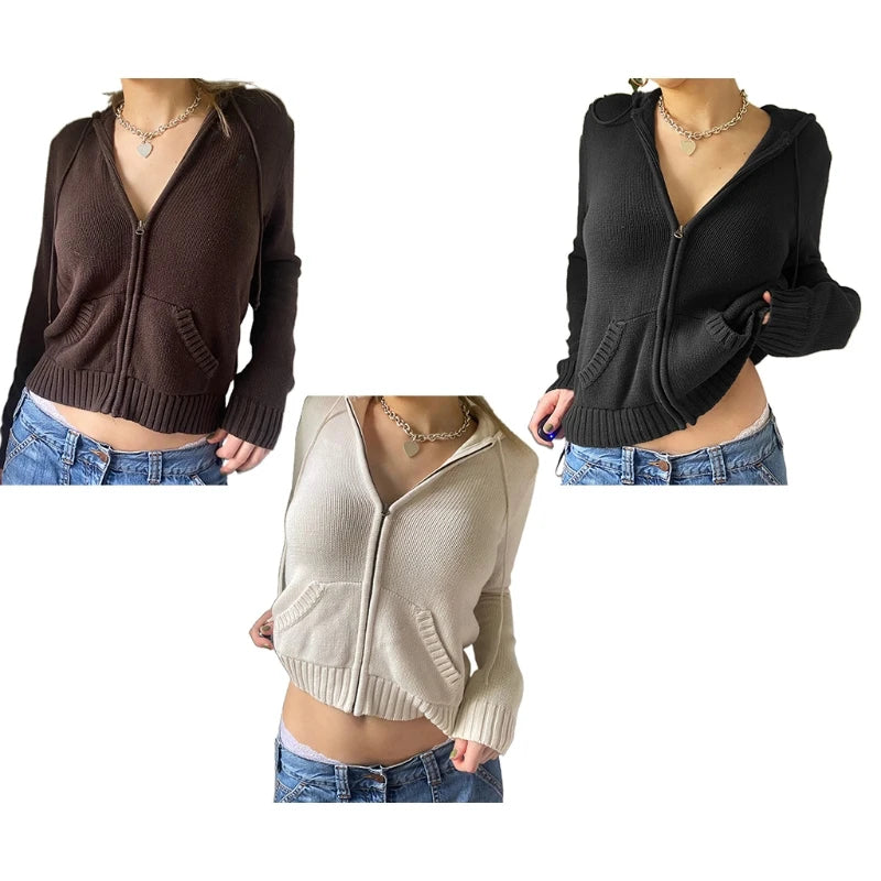 Women Autumn Hoodies Sweater Knit Long Sleeve Crop Top Solid Color Full Zipper