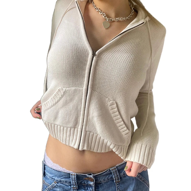 Women Autumn Hoodies Sweater Knit Long Sleeve Crop Top Solid Color Full Zipper