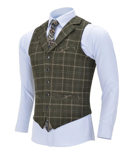 Men's Business Plaid Wool Army Green Vest Slim Fit Single-breasted Cotton Suit Vest Waistcoat For Wedding Formal Vest Groomsmen