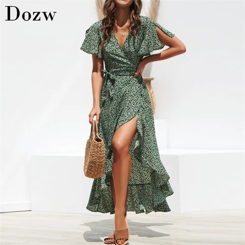 Summer Beach Maxi Dress Women Floral Print Boho Long Chiffon Dress Ruffles Wrap Casual V-Neck Split Sexy Party Dress Robe