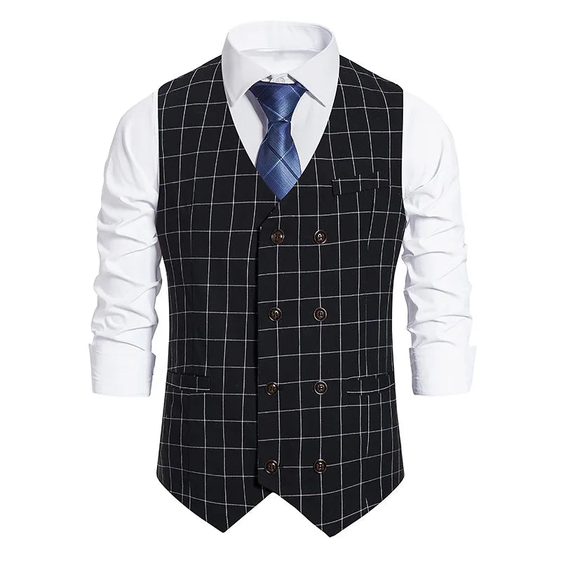 Mens Gentleman Plaid Suit Vests 2024 Brand Slim Fit Sleeveless Double Breasted Vest Waistcoat Men Wedding Prom Gilet Homme XXL