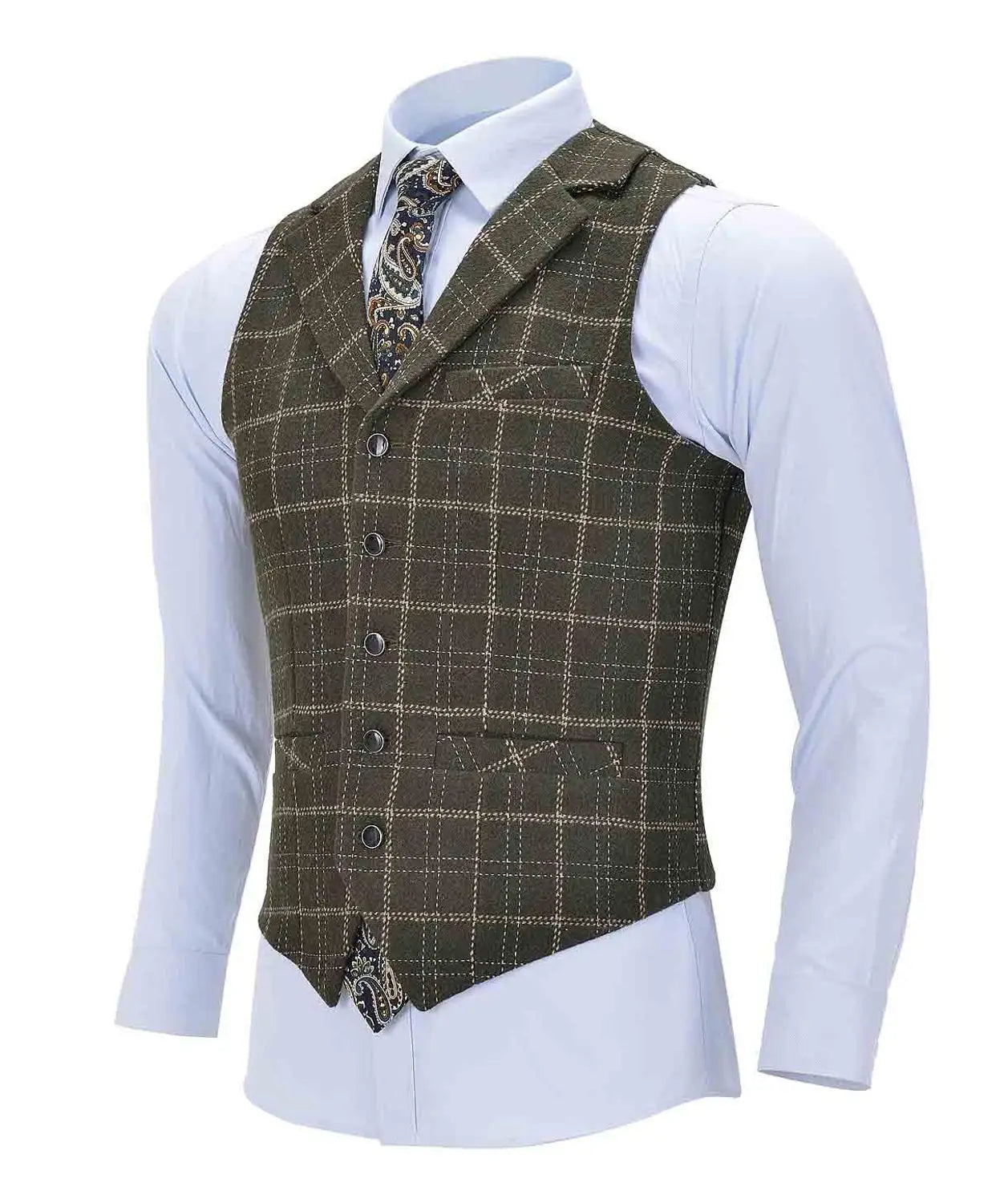 Men's Business Plaid Wool Army Green Vest Slim Fit Single-breasted Cotton Suit Vest Waistcoat For Wedding Formal Vest Groomsmen