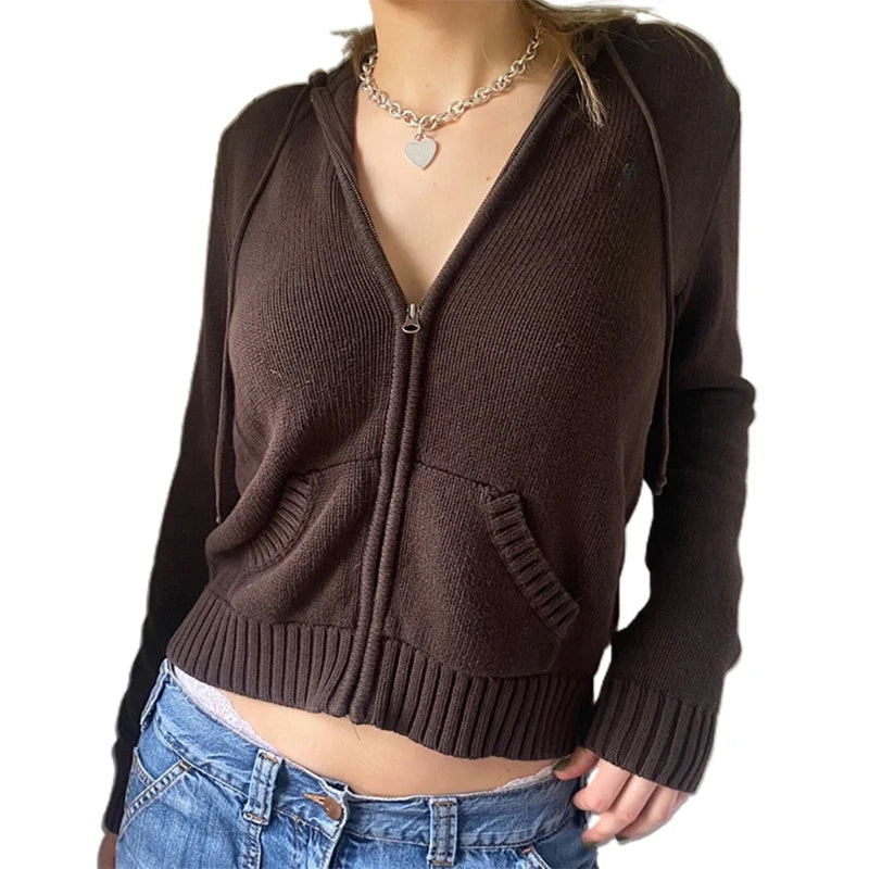 Women Autumn Hoodies Sweater Knit Long Sleeve Crop Top Solid Color Full Zipper